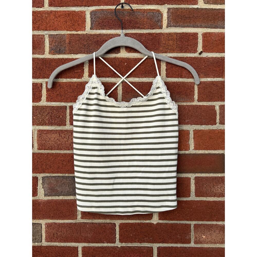 American Eagle Lace Trim Striped Cami Tank Top XS Olive Ivory Y2K Cottagecore - Picture 2 of 9